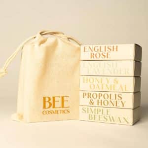 Bee Cosmetics complete beeswax soap collection with branded packaging and cotton bag