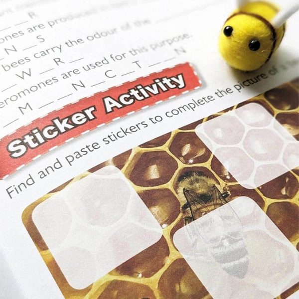 Children’s bee sticker activity page with reusable stickers and bee decoration