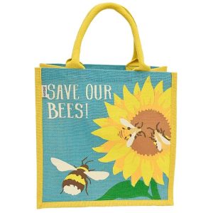 Jute shopping bag with bees and sunflower design sold by East Anglia Apiaries