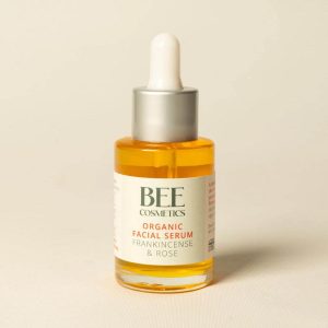 Bottle of Bee Cosmetics organic facial serum sold by East Anglia Apiaries