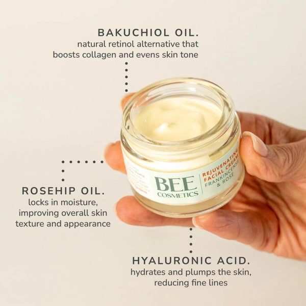 Open jar of Bee Cosmetics rejuvenating facial cream with natural ingredients