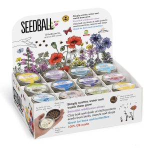 Seedball wildflower seed tins in a colourful display box, sold by East Anglia Apiaries