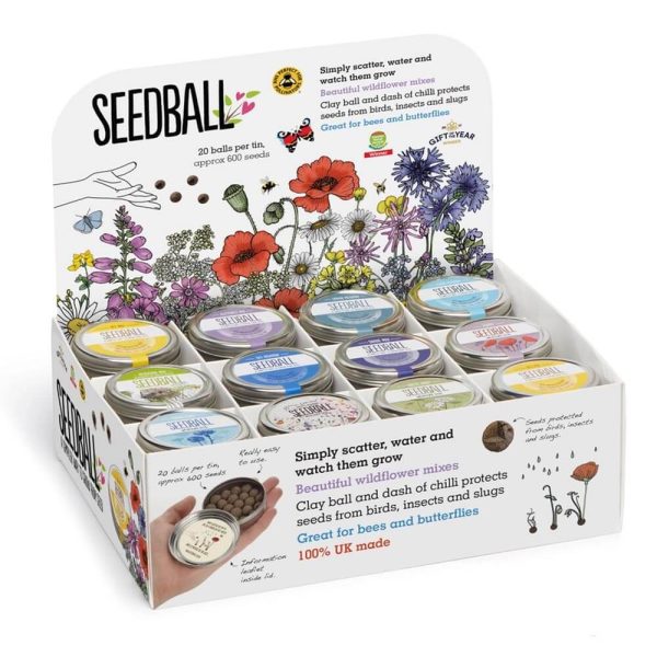 Seedball wildflower seed tins in a colourful display box, sold by East Anglia Apiaries