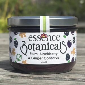 Jar of Essence Botanicals plum, blackberry and ginger conserve sold by East Anglia Apiaries