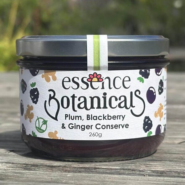 Jar of Essence Botanicals plum, blackberry and ginger conserve sold by East Anglia Apiaries