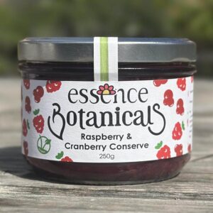 Jar of raspberry and cranberry conserve sold by East Anglia Apiaries